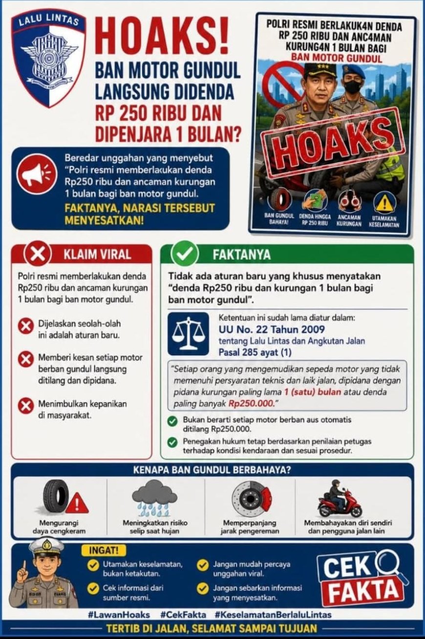 Korlantas Polri Imbau Masyarakat Tidak Mudah Percaya Hoaks Terkait Denda Rp250 Ribu untuk Ban Gundul dan Mengajak Selalu Memverifikasi Informasi Melalui Kanal Resmi